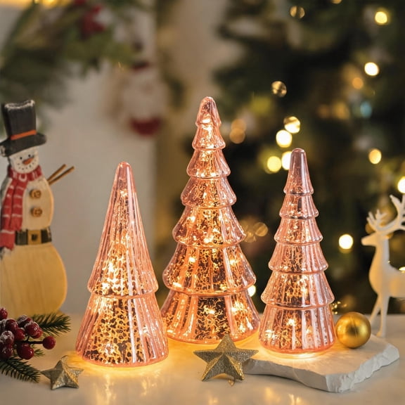 Glasseam Set of 3 Pink Mercury Glass Christmas Tree with Lights, Battery Operated Timer for Mantel Tabletop Decor