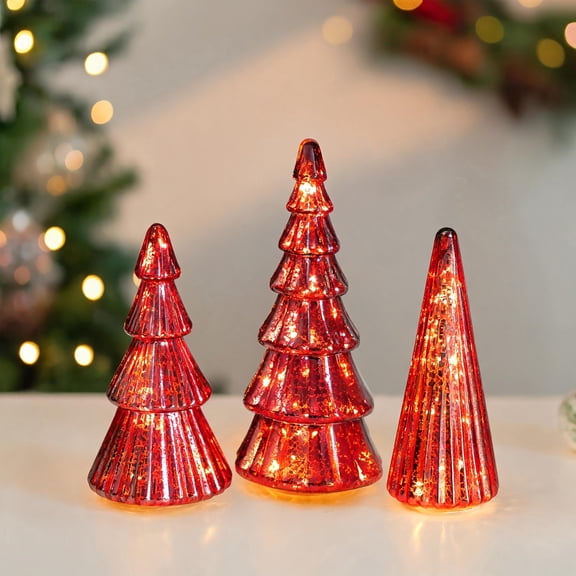 Glasseam Set of 3 Red Mercury Glass Christmas Tree with Lights, Battery Operated Timer for Mantel Tabletop Decor