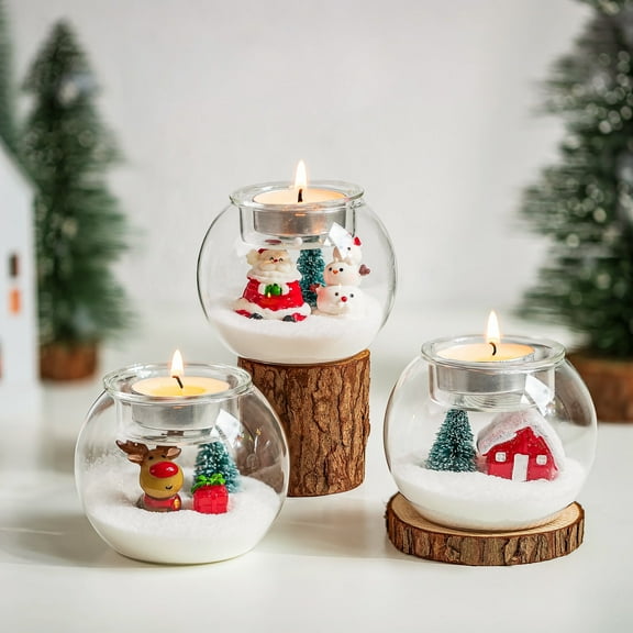 Glasseam Set of 3 Santa Claus Tealight Candle Holders: Christmas Decor with Red Hat White Beard Festive Tabletop Decorations Holiday Gift