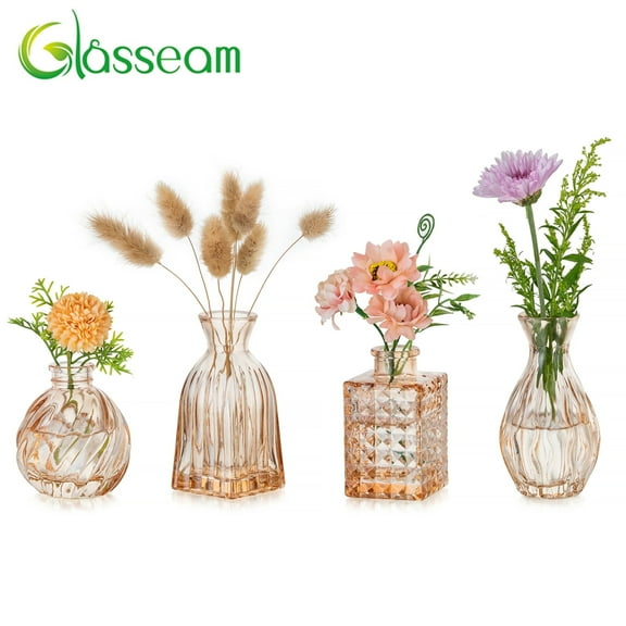 Glasseam Set of 4 Small Glass Bud Vases for Flowers: Vintage Champagne Mini Vases for Wedding Centerpieces, Party Decor, Home Table Decorations