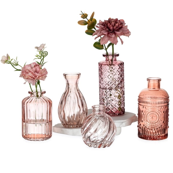 Glasseam Set of 5 Small Glass Bud Vases for Flowers: Vintage Pink Mini Vases for Wedding Centerpieces Party Decor Home Table Decorations