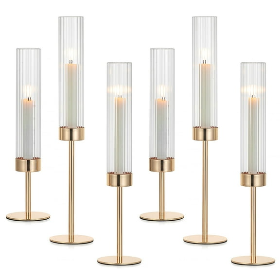 Glasseam Set of 6 Gold Hurricane Candle Holders: Tall Brass Taper Candle Sticks Set for Wedding Christmas Home Decor (14.5"-19")
