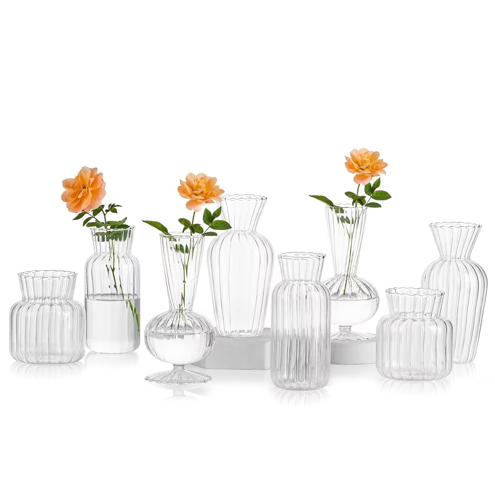 Glasseam Small Bud Vase Set of 8, Clear Glass Ribbed Vases for Wedding