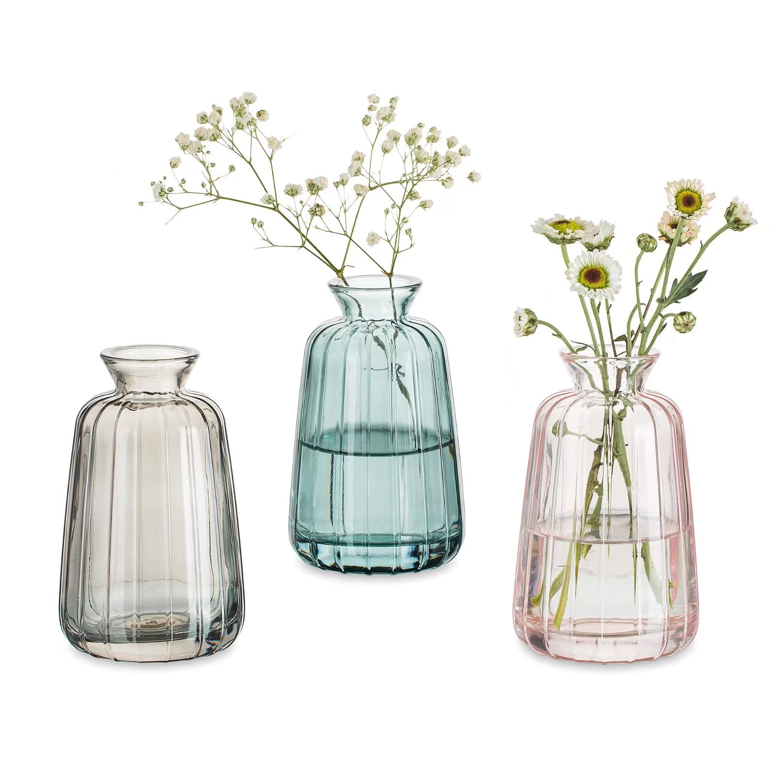 Glasseam Small Glass Bud Vase 4.52"Colorful Cute Ribbed Vases for Flowers Set of 3 (Pink+Grey+Green)