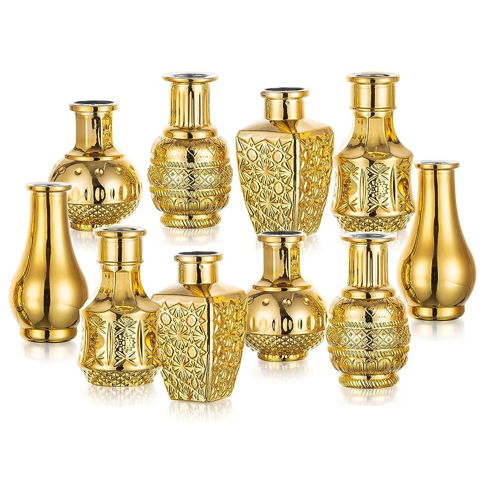 Glasseam Small Gold Vase Decorative Glass Vase Set of 10 Aesthetic Bud Vases for Flowers