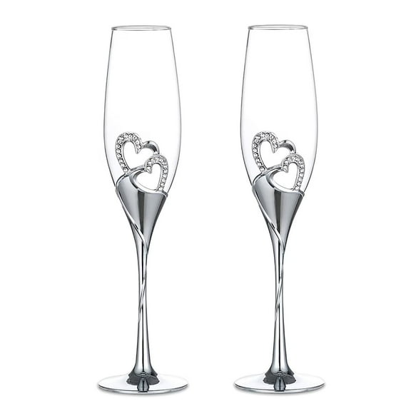 Glasseam Wedding Champagne Flutes Set of 2 Silver Toasting Glasses for Bride and Groom