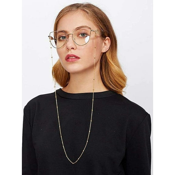 Glasses Chain, Eye Glasses Holders Around Neck, Eyeglass Strap for Women Sunglasses, Glasses Chain Anti Slip Hanging Rope Rice Ball Stainless Steel Chain, Gold
