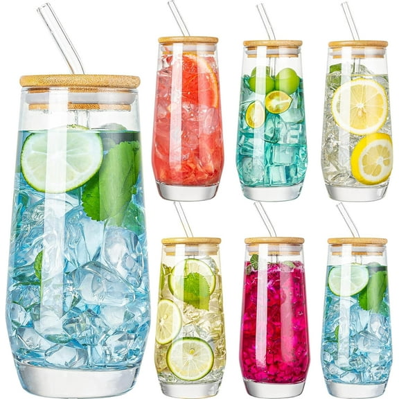 Glasses, Crystal Highball Glasses Set of 6 with Straws and Bamboo Lids, 18 OZ Tall Water Glass Tumblers, Mojito Glass Cups, Bar Glassware and Cocktail Glass Set, Collins Tumblers