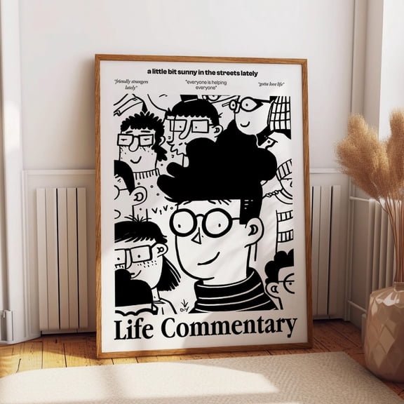 Glasses Guy With Big Hair Sketch - Black And White Happy City Crowd Poster – Life Commentary Drawing Wall Print Wall Art, Modern Wall Decor, 24x36 UNFRAMED