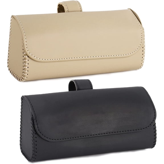 Glasses Holder for Car Sun Visor, 2 Pack Vehicle Sunglasses Holders Case with Hidden Closure, Leather Auto Eyeglasses Organizer Box Eyeglass Hanger Clip Car Accessories (Black + Beige)