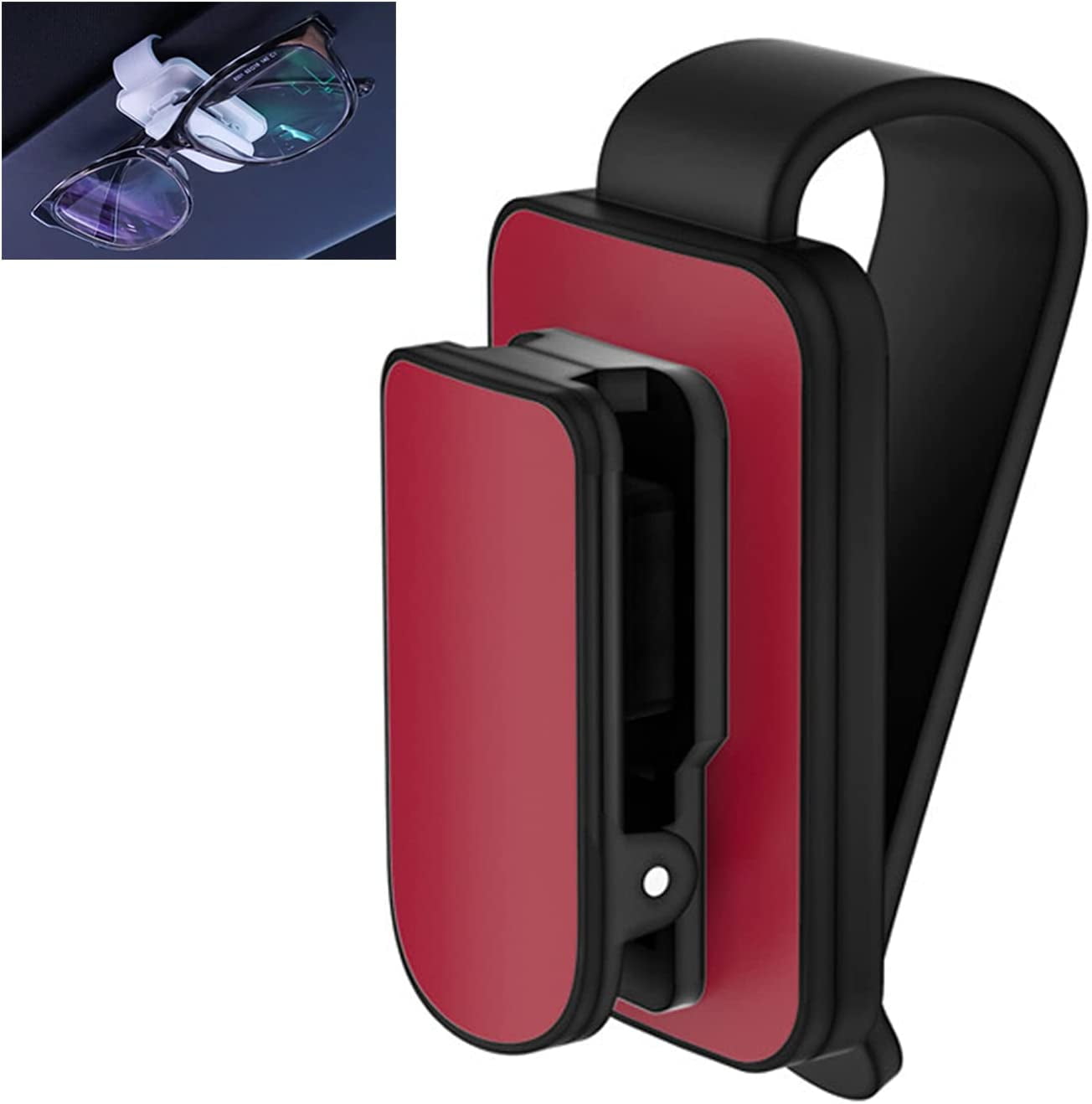 Glasses Holder for Car Sun Visor, Metal Sunglasses Hanger Clip, Eyeglasses Holder with Sponge Mat, Glasses Mount for Auto Visor, Universal Interior Accessories Trucks SUVs (Black/Red)