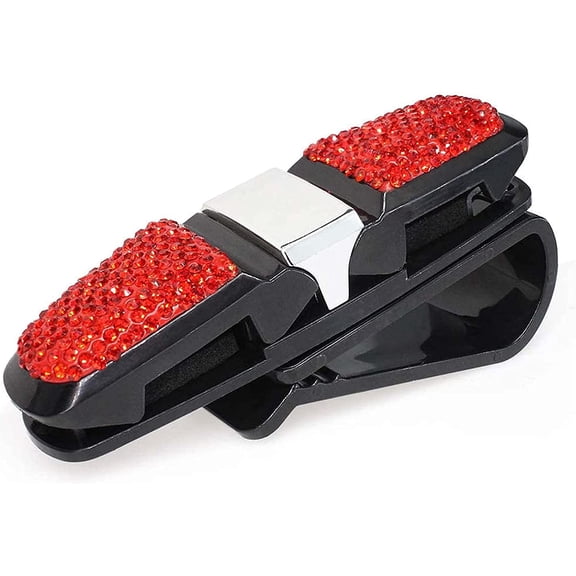 Glasses Holder for Car Visor Fashion Bling Crystal Rhinestones Car Sun Visor Glasses with Double-Ended Ticket Clip Holder Accessories (Red)