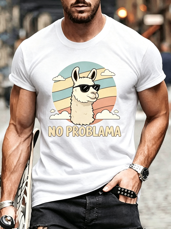 Glasses NO PROBLAMA Llama Illustration Print T-Shirt, Tees for Men, Casual Short Sleeve T-Shirt