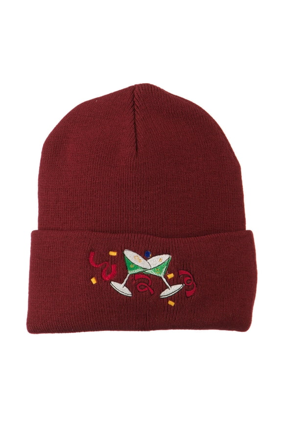Glasses New Years Embroidered Beanie - Maroon OSFM