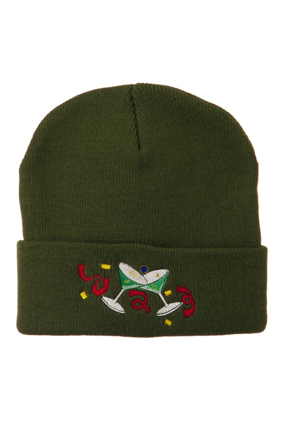 Glasses New Years Embroidered Beanie - Olive OSFM
