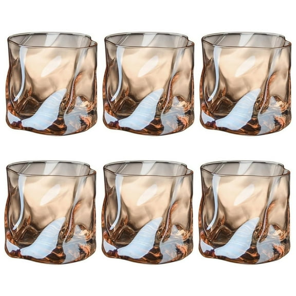 Glasses Set of 6, Dingrich 200 ml Irregular Crystal Whiskey Glasses, Drinking Glasses, Iced Coffee Glasses, Water Cups for Home Kitchen Bar Restaurant Hotel (Amber)