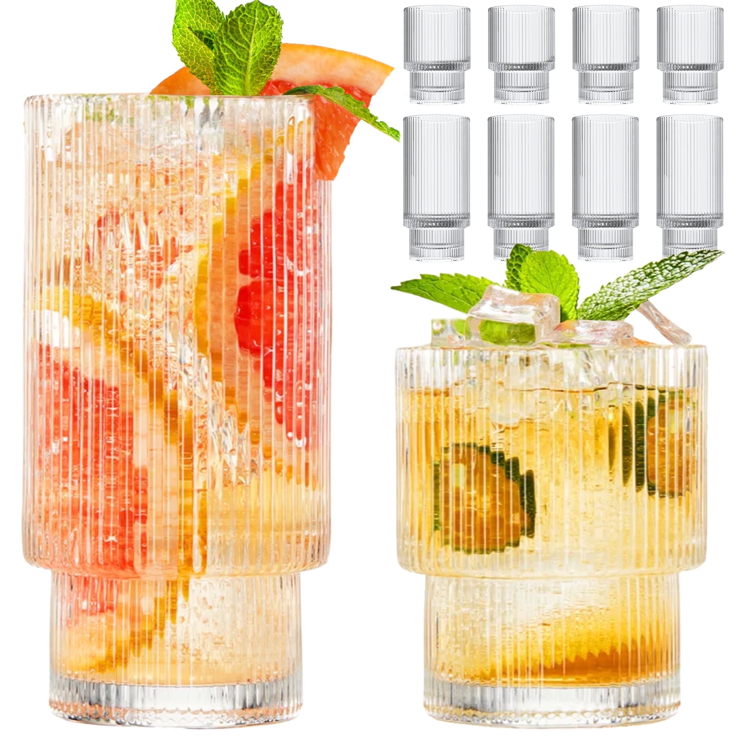 Ribbed Glassware Set of 8,Glass Cups 12 oz and 7 oz,Fluted Glassware,Ribbed Drinking Glasses,Stackable Glasses,Ripple Glassware - Walmart.com