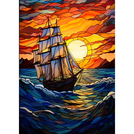 Glasses Stained Sailboat Sunset DIY 5D Diamond Art Paint with Full Drill Round Diamond Gems Painting by Number Kits for Adults Art Craft Home Wall Decor 11.8x15.8inch