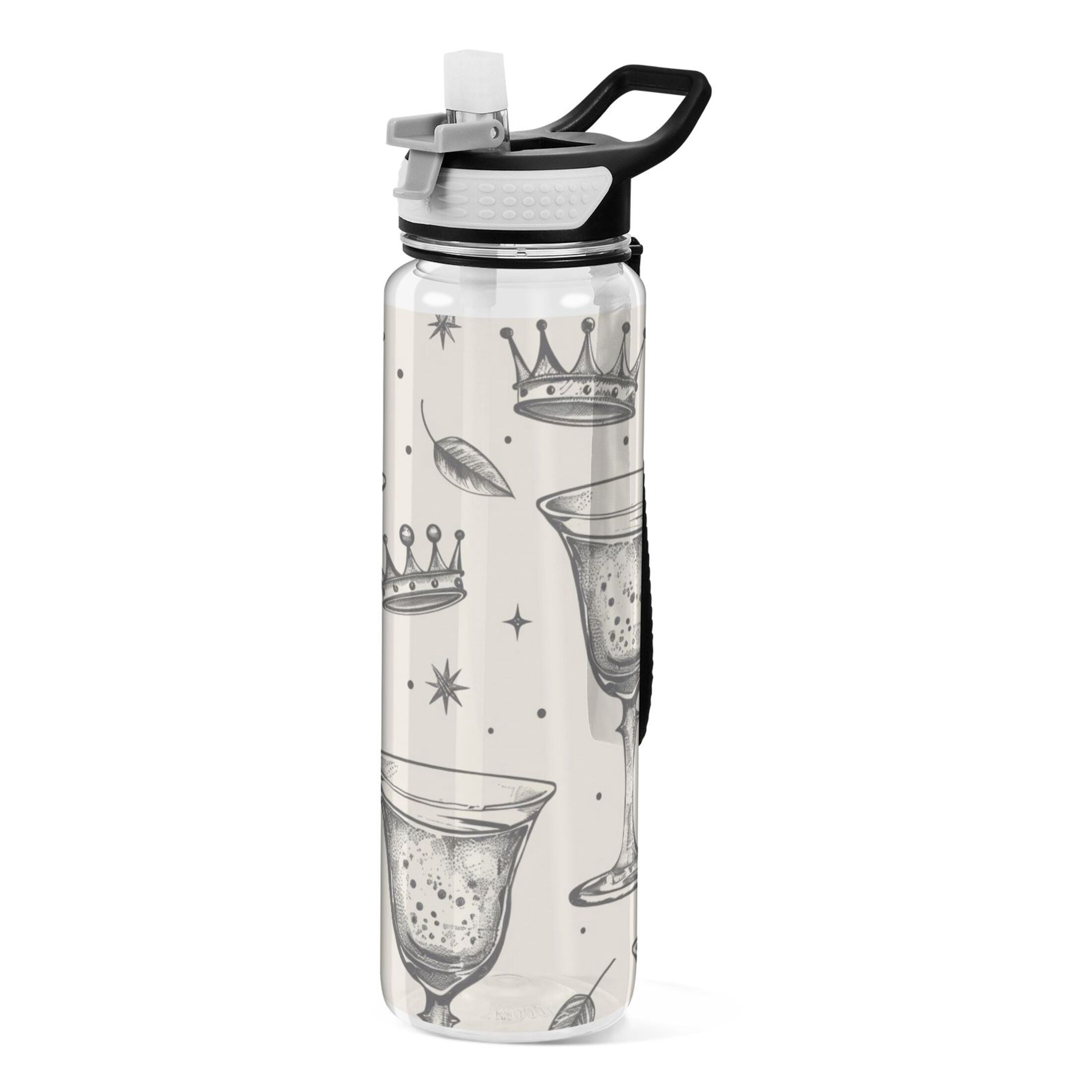 Glasses and Crowns Leaves Sports Water Bottle Portable Travel Mug 32oz BPA Free Leak Proof Straw Transparent Tritan for Gym Yoga Cycling Camping