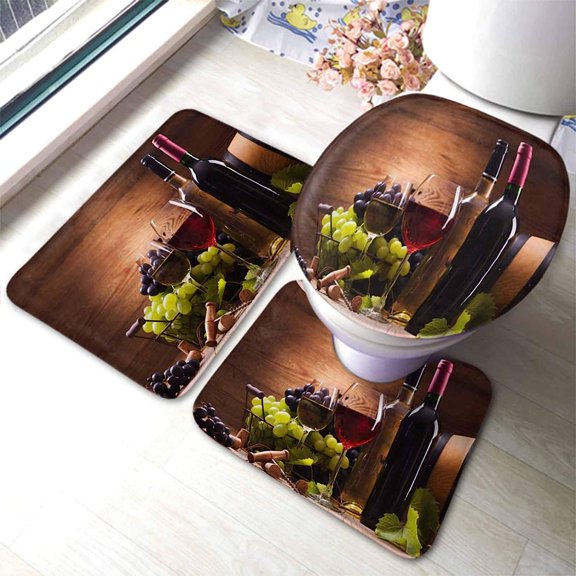 Glasses of Red and White Wine 3 Pieces Bathroom Rug Set Served with Grapes on Wooden Background Bath Mat U-Shaped Contour Rug