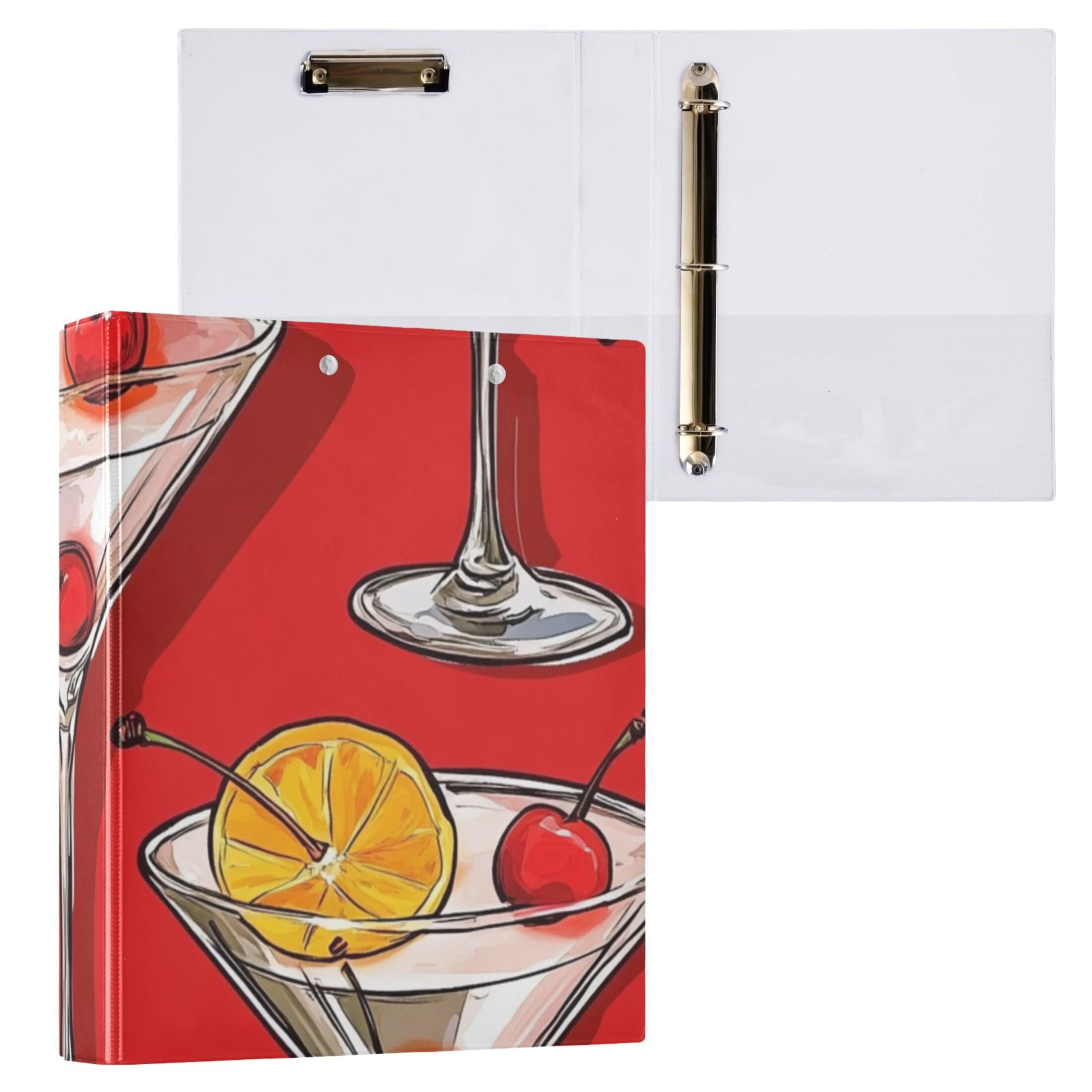 Glasses with Orange Slices Cherries 3 Ring Binders 1.5 inch Hardcover File Folders with Interior Pockets A4 Size Organizer for School Office Hospital