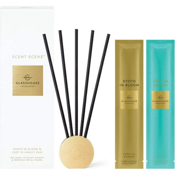 Glasshouse Fragrances Kyoto In Bloom & Lost In Amalfi Scent Scene Duo, Refillable Liquidless Diffuser + 10 Stems, Perfume Scented Home Decor, Camellia & Lotus + Sea Scent