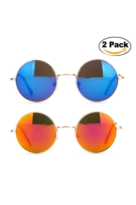 Glassic Hippy 60's Vintage Retro Circle Round Sunglasses & Clear Lens Eye Glasses, Slim Metal Full-rim with Comfortable Metal Spring Temple