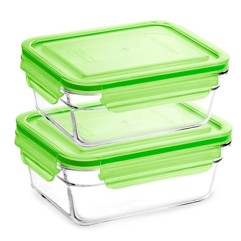 Glasslock 2 Container Green Lid Rectangular Oven Safe Food Storage Set 3.5  cups/828ml