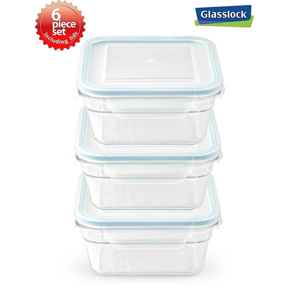 Glasslock Anti-Spill Airtight Glass Oven Safe Square Food Storage Containers (Set of 3)