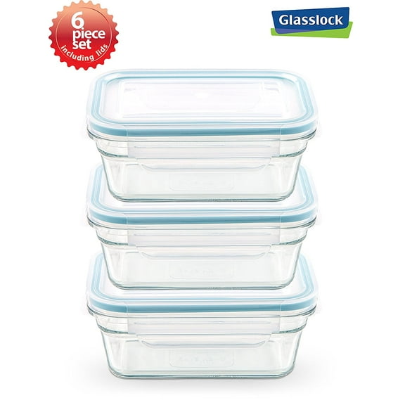 Glasslock Anti Spill Airtight Oven Safe Rectangular Food Storage Container 6 Piece Set (6.3cups/1500ml)