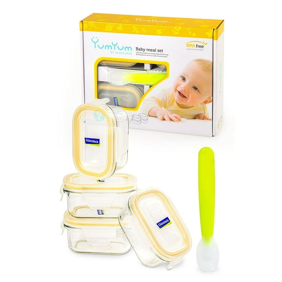 Glasslock Eco Friendly Airtight Spill Proof Rectangular Baby Food 4 Container Set, 1 Silicone Spoon