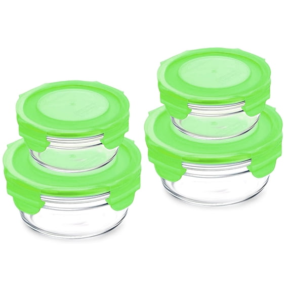 Glasslock Green Lids Round Airtight Food Storage 4 Container Set