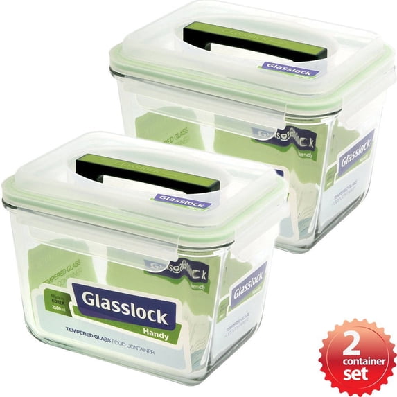 Glasslock Handy Rectangular Tempered Glass Food Container Set of 2, 2500ml 10.5 cup, Clear