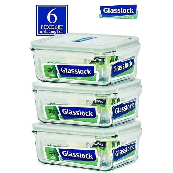 Glasslock Rectangular Tempered Glass Food Container Set of 3 1900ml/64oz