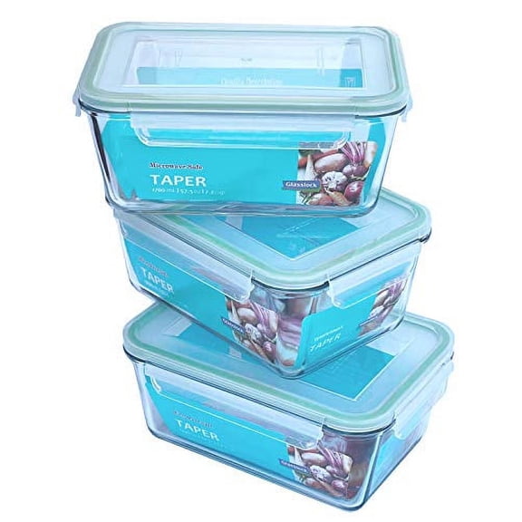 Glasslock Taper Rectangular Glass Food-Storage Container with Locking Lids Anti-Spill Microwave Safe 57.5 oz / 1700 ml - 3 Container Set