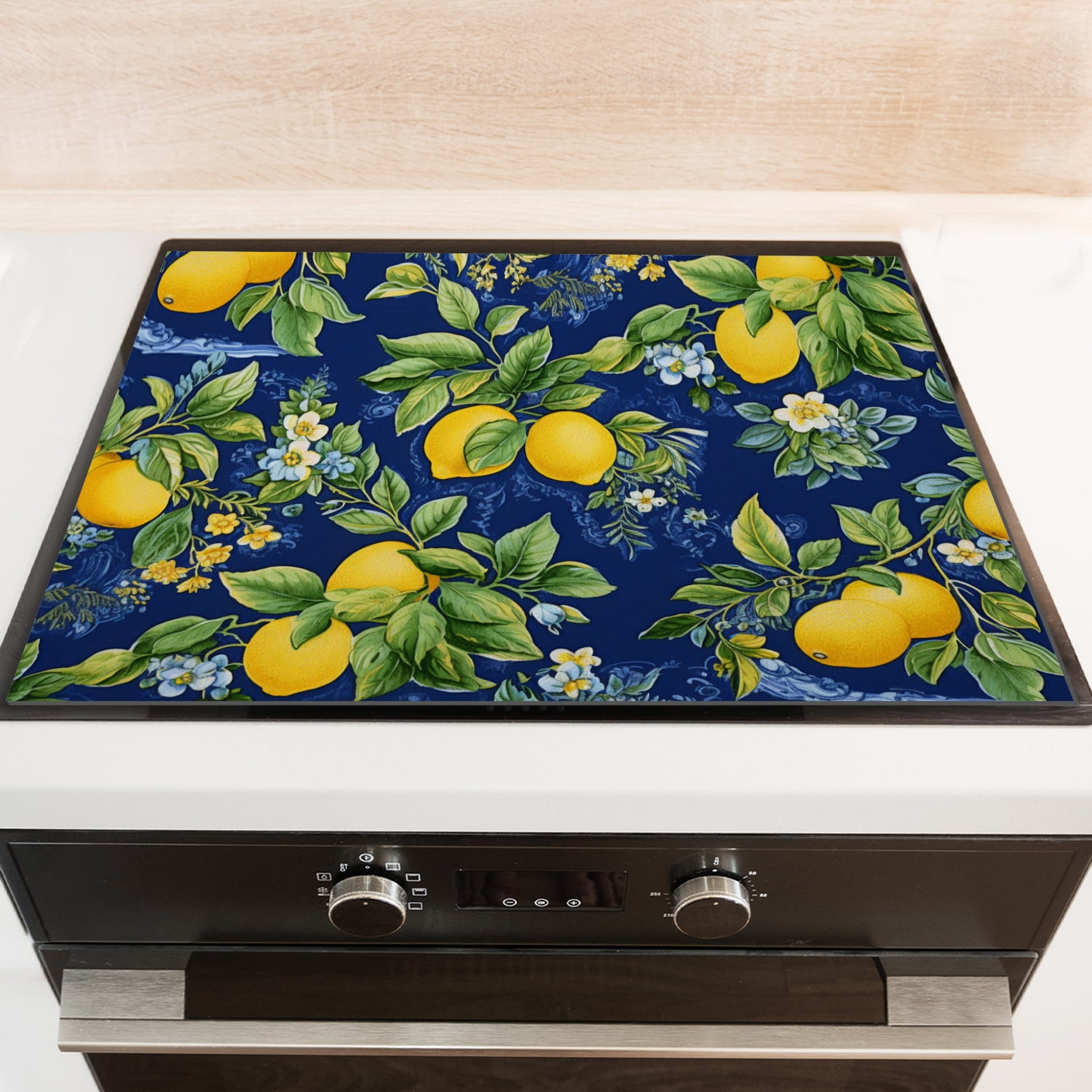 Glasstop Stove Covers, Vintage Lemon And Flowers on Blue Background, Glass Induction Cooktop Protector mat, Non-slip Foldable Decoration pad for Kitchen RV (28×20 Inch)