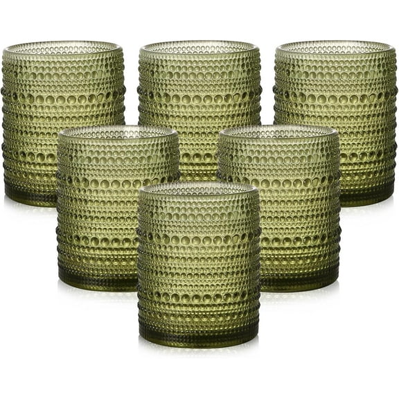 Glassware Drinking Glasses Set of 6,12 oz Hobnail Glass Cups,Embossed Green Water Tumbler,for ,,,Juice and Various Mixed Drinks- 1 Cleaning Brush