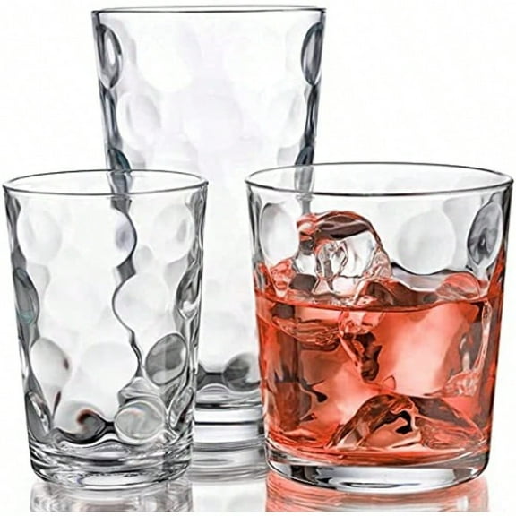 Glassware Set 18 Piece Mixed Drinkware Set. 6 Highball Tumblers17 oz. 6 Rock Whiskey13 oz. and 6 Juice7 oz. All Size Glass Cups Drinking Glasses. Design on Inner Glass