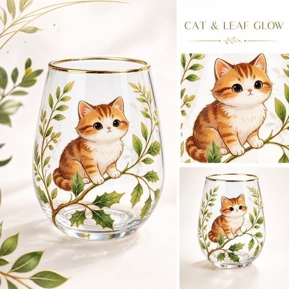Glassware, Stemless Glass, Cat Print Glass, Botanical Print Cup, 4.5X3 in Gold Rimmed Clear Tumbler, Adorable Orange Cat Leaf Printed Decorative Glassware for Household Juice