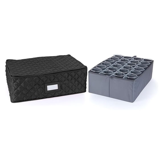 Glassware Storage Container with Dividers - Wine Glass & Stemware Organizer, Padded Quilted Protector, Stackable, Black
