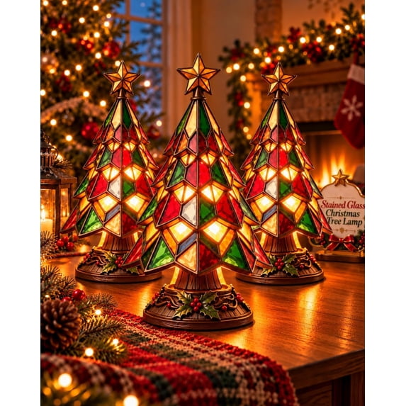 Tree Staining Glasswork Glow Stained Glass Christmas Tree Lamp, 9