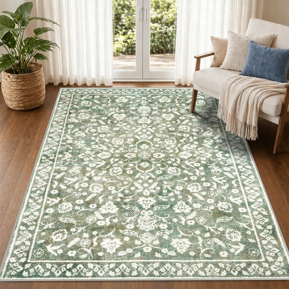 GLATTICE 5x7 Washable Rugs for Living Room Non-Slip Sage Green Rugs Thin Printed Floor Carpet for Bedroom Dining Room Playroom Indoor Office