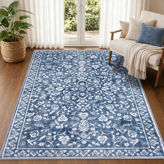 GLATTICE 5x7 Washable Rugs for Living Room Non-Slip Blue Rugs Thin Printed Floor Carpet for Bedroom Dining Room Playroom Indoor Office