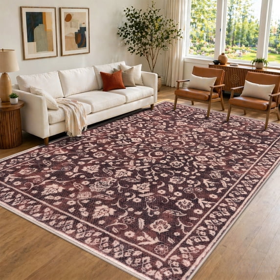 GLATTICE 8x10 Washable Rugs for Living Room Non-Slip Thin Printed Floor Carpet for Bedroom Dining Room Playroom Indoor Office, Deep Burgundy