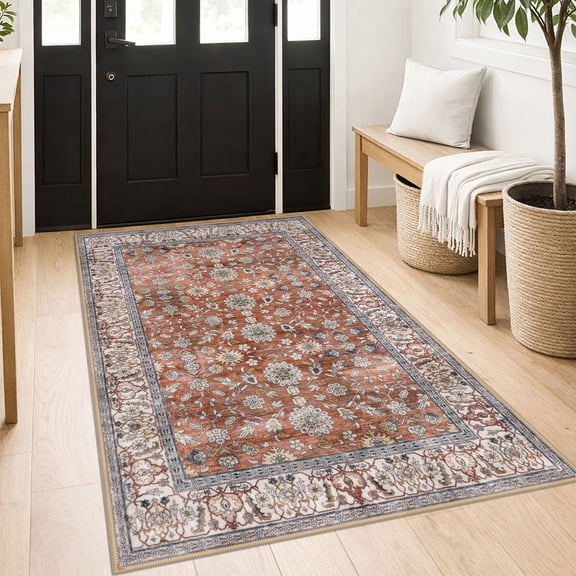 GLATTICE GLATTICE 3x5 Washable Area Rug for Entryway Vintage Floral Area Rug with Non Slip Rubber Backing Ultra Thin Soft Printed Bedroom Rugs for Kitchen Living Room, Red Clay