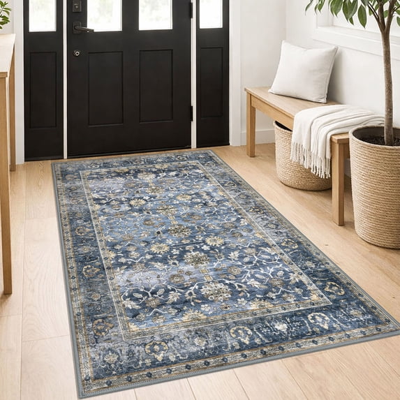 GLATTICE 3x5 Washable Area Rug with Non Slip Rubber Backing Soft Vintage Floral Throw Rugs for Living Room Kitchen Low-Pile Entry Rug Carpet for Bedroom Entrance, Blue Grey Beige