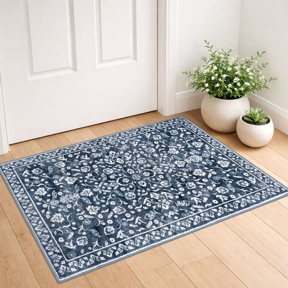 GLATTICE Indoor Doormat 2x3 Small Area Rugs Washable 2x3 Front Door Mat Entrance Doormat Non Slip Rubber Backed Entryway Rug for Entry Kithen Bedroom, Navy and White