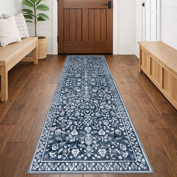 GLATTICE Runner Rug 2x6 Non Slips Rug Runner Super Soft Kitchen Runner Rug Printed Faux Wool Floral Thin Blue Rugs for Hallway Entryway Laundry Room Bedroom, Navy and White