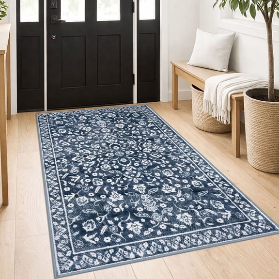GLATTICE Entryway Rugs 3x5 ft Washable Area Rug Super Soft Rug Non Slip Rubber Backed Entry Rug for Kitchen Bedroom Office Living Room, Navy and White