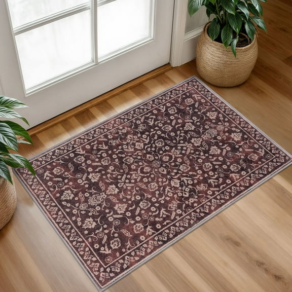 GLATTICE Throw Rug with Rubber Backing Washable 2x3 Small Area Rugs Non Slip Floral Super Soft Kitchen Rugs Indoor Door Mat Thin Print Faux Wool Carpet for Entryway Entrance Office, Deep Burgundy